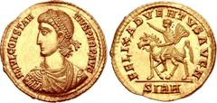 Constantius II. AD 337-361. AV Medallion of 1 1/2 Solidi (25mm, 6.71 g, 7h). Sirmium mint. Struck circa 15 March AD 351. FL IVL CONSTAN TIVS PERP AVG, pearl-diademed, draped, and cuirassed bust left /