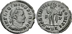 Roman Imperial Licinius I. AD 308-324. Æ Follis (20mm, 3.23 g, 6h). Londinium (London) mint. Struck late AD 314-early 315. Laureate and cuirassed bust right / Sol standing left, raising hand and holdi