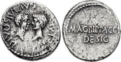 The Caesarians. Octavian and Agrippa, with Divus Julius Caesar. 38 BC. AR Denarius (17mm, 3.68 g, 2h). Military mint traveling with Agrippa in Gaul or Octavian in Italy. DIVOS IVLIVS [D]IVI F, laureat