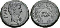 The Triumvirs. Octavian and Divus Julius Caesar. 38 BC. Æ Sestertius (31mm, 19.97 g, 6h). Southern Italian mint(?). Bare head of Octavian right, wearing slight beard; DIVI • F behind, eight-ray star b