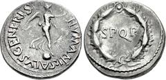 Civil War. AD 68-69. AR Denarius (18mm, 3.62 g, 5h). Uncertain mint in Gaul. · SALVS GENERIS HVMANI, Victory standing left on globe, holding wreath in right hand and palm frond in left / S P Q R withi
