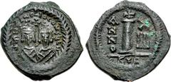 Revolt of the Heraclii. 608-610. Æ Decanummium (18mm, 3.55 g, 12h). Uncertain mint in Cyprus. Dated fixed IY 14 (610). ∂m ҺЄRACLIO CONSЧLII, facing busts of Heraclius and the Exarch Heraclius, each we