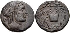 LYCIAN LEAGUE. temp. Augustus, 23-19/18 BC. Æ Double Unit (22mm, 7.51 g, 12h). Masicytus mint. Laureate head of Apollo right; Λ-Y across field / Lyre; M-A/CI across field; all within wreath. Troxell, 