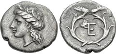 Greek ARGOLIS, Hermione. Circa 360-320/10 BC. AR Triobol – Hemidrachm (16mm, 2.69 g, 11h). Wreathed head of Persephone left / Monogram of Epidauros within laurel wreath. Grandjean, Monnayage, Emission