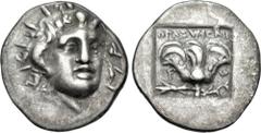 Greek ISLANDS off CARIA, Rhodos. Rhodes. Circa 170-150 BC. AR Hemidrachm (12.5mm, 1.37 g, 12h). 'Plinthophoric' coinage. Thrasymenes, magistrate. Radiate head of Helios facing slightly right / Rose wi