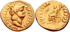 Nero. AD 54-68. AV Aureus (20mm, 7.17 g, 5h). Rome mint. Struck circa AD 64-65. Laureate head right / IVPPITER CVSTOS, Jupiter seated left, holding thunderbolt and scepter; “R” countermark in left fie