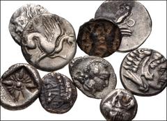 GREEK. Miscellaneous. Lot of nine (9) silver fractions from Ionia to Samaria. Includes: IONIA, Miletos. AR Diobol // AR Obol // IONIA, Teos. AR Hemidrachm (2) // MYSIA, Pergamon. AR Diobol // PISIDIA,