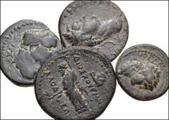 ROMAN. Provincial. Lot of four (4) bronzes from Asia Minor. Includes: Phrygia, Laodicea. Tiberius. RPC I 2911 // Lydia, Nacrasa. Domitian. RPC II 932 // Lydia, Sardis. Nero. RPC I 3009 // Lydia, Sardi