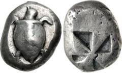 Greek ISLANDS off ATTICA, Aegina. Circa 510-490 BC. AR Stater (17.5mm, 11.01 g). Sea turtle, head in profile, with thin collar and row of dots down its back] / Incuse square with windmill pattern. Mea