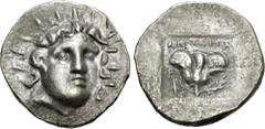 Greek ISLANDS off CARIA, Rhodos. Rhodes. Circa 125-88 BC. AR Hemidrachm (14mm, 1.38 g, 12h). 'Plinthophoric' coinage. Antaios, magistrate. Radiate head of Helios facing slightly right / Rose with bud 