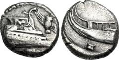 Greek LYCIA, Phaselis. 4th century BC. AR Stater (20mm, 9.78 g, 3h). Prow of galley right, fighting platform decorated with lion at bay right; to right, owl flying upward left, wings displayed; below,