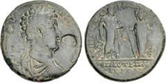 Roman Provincial MYSIA, Pergamum. Commodus. AD 177-192. Æ (32mm, 20.89 g, 6h). Homonoia with Ephesus. Publius Aelius Pius, strategos. Struck circa AD 180-182. Laureate, draped, and cuirassed bust righ