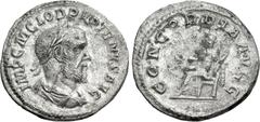 Roman Imperial Pupienus. AD 238. AR Denarius (19mm, 2.08 g, 5h). Rome mint. 1st emission. Laureate, draped, and cuirassed bust right / Concordia seated left, holding patera and double cornucopia. RIC 