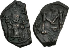 Islamic Pre-reform issues, Arab-Byzantine. Early Pseudo-Byzantine coinage. Æ Fals (20mm, 4.92 g, 6h). Type F (Standing emperor). Uncertain Syrian mint. Struck circa 647-658. Imperial Byzantine figure 