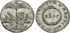 World HAITI, Republic of Haiti. Alexandre Pétion. President, 1806-1818. AR 25 Centimes (21mm, 2.09 g, 6h). Port-au-Prince mint. Dated year 11 of independence (AD 1814). Palm tree topped by liberty cap
