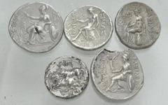 Large Lots GREEK. Miscellaneous. Lot of five (5) large denomination silver issues. Includes: Kings of Thrace. Lysimachos. AR Tetradrachm (1) // Kings of Pergamon. AR Tetradrachm (1) // Cilicia, Tarsos
