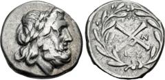 Greek ACHAIA, Achaian League. Antigoneia (Mantinea). Circa 188-180 BC. AR Triobol – Hemidrachm (15mm, 2.41 g, 2h). Laureate head of Zeus right / Achaian League monogram; A-N across field, EY below; al