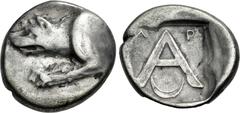 Greek ARGOLIS, Argos. Circa 330-270 BC. AR Triobol – Hemidrachm (14mm, 2.65 g, 7h). Forepart of wolf at bay left / Large A; A-P across upper field, crescent below; all within shallow square incuse. BC