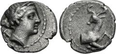 Greek IONIA, Ephesos. Circa 245-202 BC. AR Triobol (12mm, 1.36 g, 12h). Rhodian standard. Head of Artemis right, quiver over shoulder / Forepart of stag kneeling right, head reverted. Cf. SNG Kayhan 1