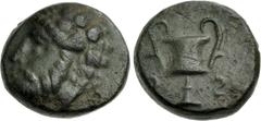 Greek LYDIA, Uncertain. 4th century BC. Æ (11mm, 1.63 g, 11h). Wreathed head of Dionysos left / Kantharos; F (in Lydian) and S (in Lydian) flanking. Vögtli, Pergamon 524. Dark green-brown patina, slig
