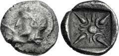 Greek DYNASTS of LYCIA. Kheriga. Circa 440-410 BC. AR Twelfth Stater – Obol (9.5mm, 0.63 g). Uncertain mint. Helmeted head of Athena left / Stellate pattern; khe-ri-ga in tiny letters around; all with