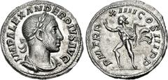 Roman Imperial Severus Alexander. AD 222-235. AR Denarius (18.5mm, 3.57 g, 6h). Rome mint. 18th emission, January–February/March AD 235. Laureate, draped, and cuirassed bust right / Sol, radiate, adva