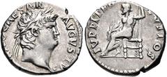 Nero. AD 54-68. AR Denarius (18mm, 3.16 g, 5h). Rome mint. Struck AD 64-65. Laureate head right / Jupiter seated left on throne, holding thunderbolt and scepter. RIC I 53; RSC 119. VF. Good metal. Thi