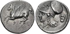 Greek CORINTHIA, Corinth. Circa 350/45-285 BC. AR Stater (22.5mm, 8.54 g, 1h). Pegasos flying left / Helmeted head of Athena left; A-Λ flanking neck truncation, Silenos mask to right; all within conca