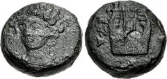 Greek CYPRUS, Kourion. Eua–. Early-mid 4th century BC. Æ (12mm, 2.33 g, 12h). Laureate head (of Apollo?) facing slightly left, drapery around neck / Kithara. Cox, Coins 4; Destrooper –; Zapiti & Micha