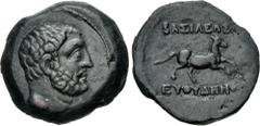 Oriental Greek BAKTRIA, Greco-Baktrian Kingdom. Euthydemos I Theos Megas. Circa 225-200/195 BC. CU Dichalkon (21mm, 6.23 g, 6h). Aï Khanoum mint. Struck circa 225-208/6 BC. Bearded head of Herakles ri