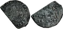 World ITALY, Venezia (Venice). Coinage struck during the Siege of Cyprus. CU Bisante ossidionale (25mm, 2.40 g, 5h). Dated 1570. Lion of St. Mark reclining left, holding Gospel in paws / Legend in fiv