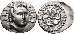 ISLANDS off CARIA, Rhodos. Rhodes . Circa 88/42 BC-AD 14. AR Drachm (20mm, 3.97 g, 11h). Aristomachos, magistrate. Radiate head of Helios facing slightly right / Rose seen from above; APIΣTOMAXOΣ abov