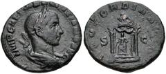 Volusian. AD 251-253. Æ As (24mm, 7.97 g, 6h). Rome mint. Laureate, draped, and cuirassed bust right / CONCORDIA AVG, Juno seated facing within round tetrastyle shrine. RIC IV -; Cohen -. VF, green pa