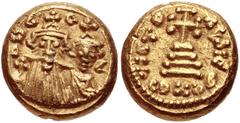 Constans II, with Constantine IV. 641-668. AV Solidus (11mm, 4.45 g, 7h). Carthage mint. Dated IY 15 (AD 656/7). Crowned and draped facing busts of Constans II, holding globus cruciger, and Constantin