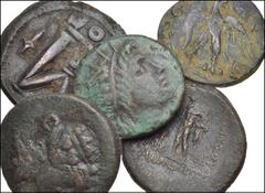 MIXED. Greek-Byzantine. Lot of five (5) bronzes. Includes: GREEK: Thrace, Maroneia. Æ 27mm (2) Kings of Macedon, Philip V. Æ 24mm // Perseus. Æ 24mm // BYZANTINE: Justinian I. Æ Follis. Constantinople