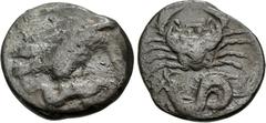 Greek SICILY, Akragas. Circa 420-410 BC. AR Hemidrachm (15mm, 2.01 g, 10h). Eagle standing right on, and tearing at, hare; barley grain to left / Crab; below, ketos left with fish in its mouth. Wester