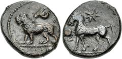 Greek CYPRUS, Kition. Pumiathon. Circa 362/1-312 BC. Æ (14mm, 3.37 g, 6h). Lion standing left; above, head of ram left / Horse standing left; star above, monogram (symbol of Tanit?) to left. Destroope