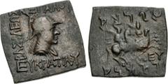 Oriental Greek BAKTRIA, Greco-Baktrian Kingdom. Eukratides I Megas. Circa 170-145 BC. Æ Quadruple Unit (24x22mm, 7.94 g, 12h). Square module. Diademed, draped, and cuirassed bust right, wearing creste