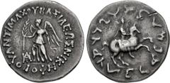 Oriental Greek BAKTRIA, Greco-Baktrian Kingdom. Antimachos II Nikephoros. Circa 160-155 BC. AR Drachm (18mm, 2.37 g, 12h). Nike standing left, holding wreath and fillet; monogram to left / Antimachos 