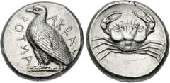 Greek SICILY, Akragas. Circa 465/0–445/0 BC. AR Tetradrachm (24.5mm, 17.24 g, 6h). Sea eagle standing left; AKRAC-ANTOΣ (partially retrograde) around / Crab within shallow incuse circle. Westermark, C