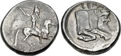 Greek SICILY, Gela. Circa 490/85-480/75 BC. AR Didrachm (21mm, 8.61 g, 12h). Warrior, nude but for helmet, riding right, preparing to cast javelin / Forepart of man-headed bull right within incuse cir