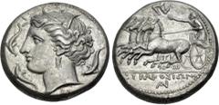 Greek SICILY, Syracuse. Agathokles. 317-289 BC. AR Tetradrachm (25.5mm, 16.71 g, 8h). Struck circa 317-310 BC. Wreathed head of Arethousa left; three dolphins around, ΦΙ below neck / Charioteer, holdi