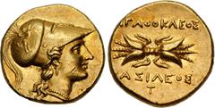Greek SICILY, Syracuse. Agathokles. 317-289 BC. AV 100 Litrai – Double Dekadrachm (15.5mm, 5.70 g, 11h). Struck circa 304-289 BC. Head of Athena right, wearing crested Corinthian helmet decorated with