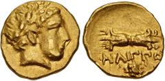 Greek KINGS of MACEDON. Philip II. 359-336 BC. AV Twelfth Stater (7.5mm, 0.71 g, 1h). Pella mint. Struck circa 345/2-340/36 BC. Laureate head of Apollo right / Thunderbolt; head of lion facing below. 