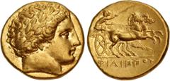 Greek KINGS of MACEDON. temp. Philip II – Alexander III. Circa 340/36-328 BC. AV Stater (18mm, 8.62 g, 9h). In the name and types of Philip II. Pella mint. Laureate head of Apollo right / Charioteer, 