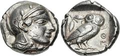 Greek ATTICA, Athens. Circa 454-404 BC. AR Tetradrachm (24.5mm, 17.10 g, 10h). Helmeted head of Athena right, with frontal eye / Owl standing right, head facing, closed tail feathers; olive spray and 