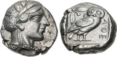 Greek ATTICA, Athens. Circa 454-404 BC. AR Tetradrachm (23.5mm, 17.13 g, 9h). Helmeted head of Athena right, with frontal eye / Owl standing right, head facing, closed tail feathers; olive spray and c
