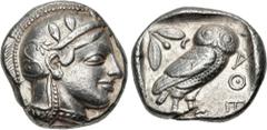 Greek ATTICA, Athens. Circa 454-404 BC. AR Tetradrachm (24mm, 17.17 g, 10h). Helmeted head of Athena right, with frontal eye / Owl standing right, head facing, closed tail feathers; olive spray and cr