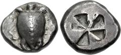 Greek ISLANDS off ATTICA, Aegina. Circa 525-480 BC. AR Stater (21mm, 12.05 g). Sea turtle, head in profile, with thin collar and row of dots down its back / Incuse square with "Union Jack" pattern. Se