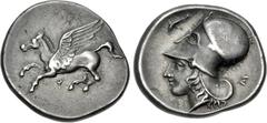 Greek CORINTHIA, Corinth. Circa 400-350/45 BC. AR Stater (22mm, 8.55 g, 5h). Pegasos flying left; koppa below / Helmeted head of Athena left; dolphin above, Σ to right. Ravel Period IV, 901 (P366/T513